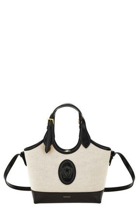 Versace Small La Medusa Canvas & Leather Tote in Beige Black-Gold 82 at Nordstrom