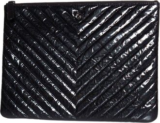 Chanel Black Patent Leather Chevron Zip O Case (Authentic Pre-Loved)