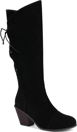 Generic Womens Winter Vintage Faux Suede Knee High Riding Boots Round Toe Chunky Heels Back Lace Up Casual Party Shoes (Black,7.5)