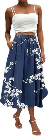 Generic Maxi Skirts for Women with Pockets Boho Floral Long Midi Length A Line Casual Elasticated Waist Skirt for Beach Party Holiday Birthday Gifts for Women