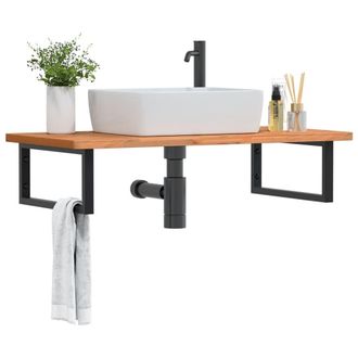 Berkfield Home Basin Shelf Wall Mounted Steel & Solid Wood Beech in Brown
