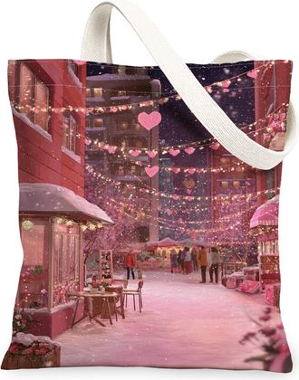 Generic ValentineS Hearts Canvas Tote Bags, Love Pattern Reusable Grocery Bags, Winter Vintage Lightweight Washable Shoulder Strap, Peach, 13x15 Inch