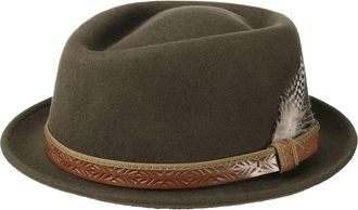 Lierys Galveston Pork Pie Hat Wool Felt Feather Handmade Made in Italy Men Summer Winter Olive