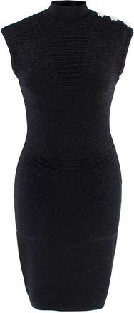 Balmain Black Metallic Ribbed Midi Dress with Silver Button Detail Size XS