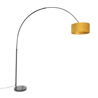 QAZQA Qazqa Moderno L&aacute;mpara De Arco Negra Con Pantalla De Terciopelo Amarillo Ocre Con Dorado 50 Cm - Xxl Acero /m&aacute;rmol /textil Alargada /cil&iacute;ndra /redonda 