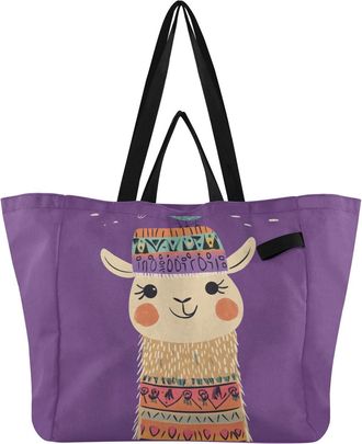 Generic Colorful Hat Alpaca Purple pattern Reusable Canvas Tote Bag, Heavy Duty Grocery Shopping Bag with Double Handles Large Capacity Hard Bottom Work Groce