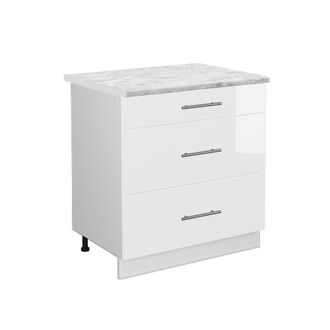 Vicco Mueble Bajo De Cocina Fame-line, Blanco Alto Brillo, 80 Cm Con 3 Cajones, Et M&aacute;rmol Vicco