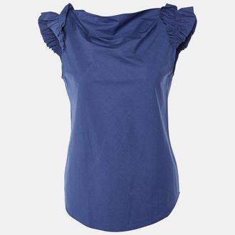 Moschino Cheap And Chic Navy Blue Cotton Ruffle Sleeve Detail Top