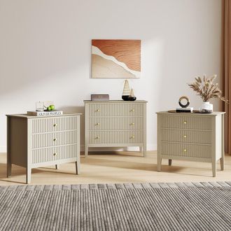 Melody Maison Wide 3 Drawer Chest Of Drawers & Pair Of Large Bedside Tables - Hales Taupe Range in Beige