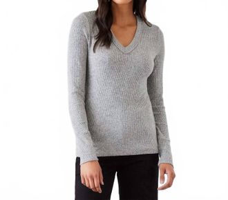 Karen Kane Long Sleeve Ribbed V-Neck Top In Heather Gray