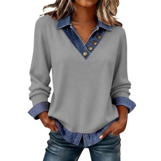 Generic Ladies Jumpers, Ladies Jumpers Sweatshirts Long Sleeve Tops Women UK Trendy Denim Patchwork Tunics Blouse Going Out Slim Fit Pullover Shirts Dressy Ca