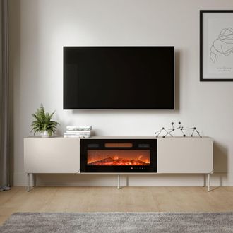 Dmora Mueble Para Tv Vermezzo, Un Estante, 2 Puertas, Chimenea Incluida, 200x42x57h Cm Beige