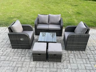 Fimous Rattan Garden Furniture Set Patio Conservatory Indoor Outdoor 6 Piece Set with Love Sofa Square Coffee Table in Dark Grey