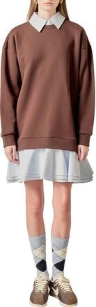 English Factory Long Sleeve Mixed Media Sweatshirt Minidress in Brown/Powder Blue at Nordstrom, Size X-Small