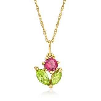 RS Pure by Ross-Simons Rhodolite Garnet and. Peridot Flower Pendant Necklace in 14kt Yellow Gold