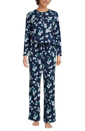Lands End Petite Knit 2 Piece Pajama Set - Long Sleeve Top and Pants in Deep Sea Navy Painterly Floral at Nordstrom, Size X-Small P