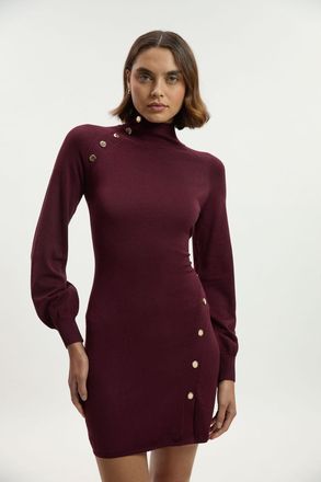Karen Millen Womens Viscose Blend Popper Detail Knitted Mini Dress - Burgundy - Size Medium
