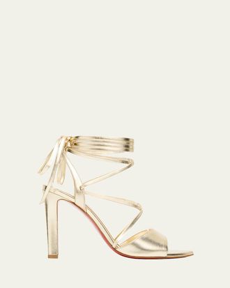 Christian Louboutin 100mm Fanny Randa Metallic Leather Ankle-Tie Sandals