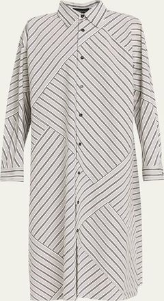 Eskandar Slim A-Line Long-Sleeve Midi Shirtdress With Collar And Stepped Insert