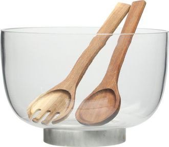 Gibson Home Wildgreens Glass Salad Bowl Set with Marble Base and Acacia Utensils in Clear at Nordstrom