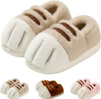 Generic Cat Paw Slippers Kids, Cute Kitten Pattern Plush Slippers, Winter Cute Cozy Fuzzy EVA Indoor Outdoor House Shoes (Light Khaki, UK, Little Kid, 11, Num