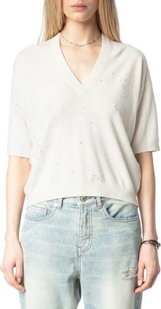Zadig&Voltaire Wully Lico Embellished Linen Blend V-Neck Sweater in Ecru at Nordstrom, Size Medium