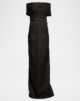 Teri Jon Off-Shoulder Jacquard Column Gown