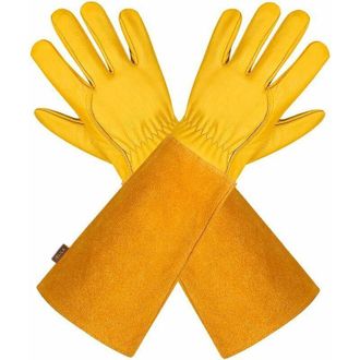 OEM Guantes De Jardiner&iacute;a De Cuero Transpirable (amarillo M) Para Hombre Y Mujer Con Guante Antipinchazos, Mangas Largas De Cuero De Vaca Para Jardineros 