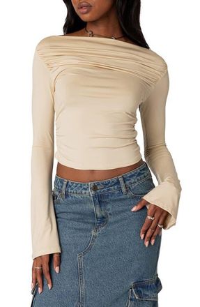 Edikted Dana Gathered Bateau Neck Long Sleeve Crop Top in Cream at Nordstrom, Size X-Small