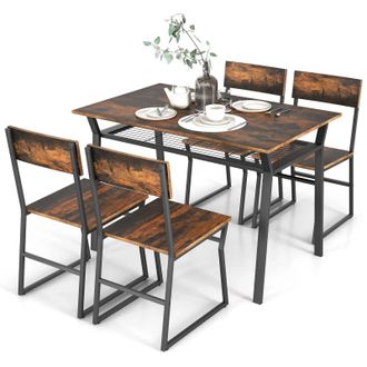 Costway Costway 5PCS Dining Table Set Industrial Rectangular Kitchen Table W/4 Chairs in Brown