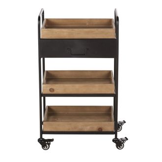 Maisons du monde Carro de metal negro de 1 caj&oacute;n con 3 estantes de abeto sobre ruedas