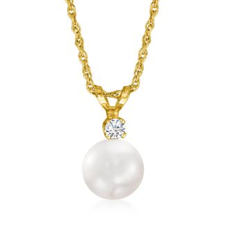 Ross-Simons 7-7.5mm Cultured Akoya Pearl and Diamond Accent Necklace in 14kt Yellow Gold