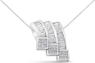 House of Brilliance 14K White Gold 1 1/2 Cttw Invisible Set Princess and Channel Set Baguette-cut Diamond Triple Curve Pendant Necklace (G-H Color