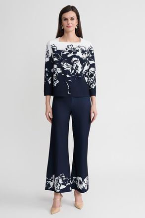 Ming Wang Floral Print Stretch Deco Crepe Blouse in Indigo/white at Nordstrom, Size Xx-Small