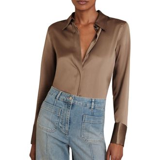 Reiss Ameira Silk Satin Button-Up Shirt in Taupe Brown at Nordstrom, Size 12 Us