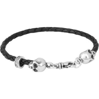 King Baby Studio Thin Braided Leather Skull Bracelet in Silver at Nordstrom, Size Small
