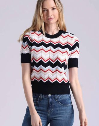 Minnie Rose Cotton Cashmere Chevron Short Sleeve Crew Top In Navy Combo