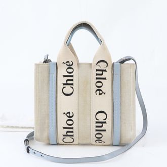 Chlo&eacute; Beige Blue Canvas Leather Handbag Shoulder Bag Tote Bag (Pre-Owned)