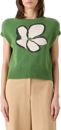 Akris Papercut Flower Intarsia Cotton Sweater in Green Tea-Cream-Olive at Nordstrom, Size 14