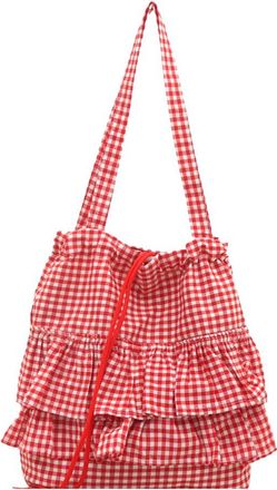 Generic Women Plaid Cotton Tote Bag Lace Trim Shoulder Bag Ruffle Drawstring Bag (Red)