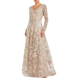 Mac Duggal Embellished Illusion Long Sleeve V Neck Gown in Champagne at Nordstrom, Size 20