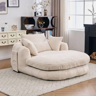 Matteo Oversized Plush Chenille Chaise Lounge Sofa with Pillows in Off-White