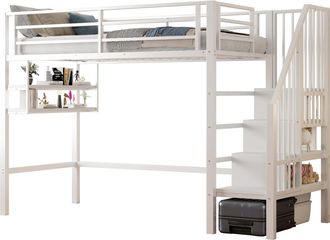 STILVORA Cama Alta 90 X 200 Cm, Cama Individual Con Estantes, Escalera Con Almacenaje Y Barandilla, Sin Colchon