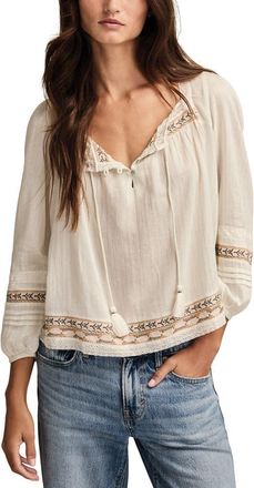Lucky Brand Metallic Stripe Embroidered Cotton Peasant Top in Aqua Blue at Nordstrom, Size X-Large