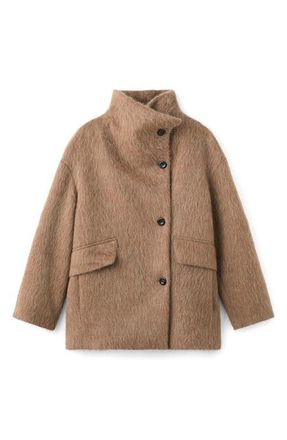 Mango Brushed Funnel Neck Coat in Brown at Nordstrom, Size Medium