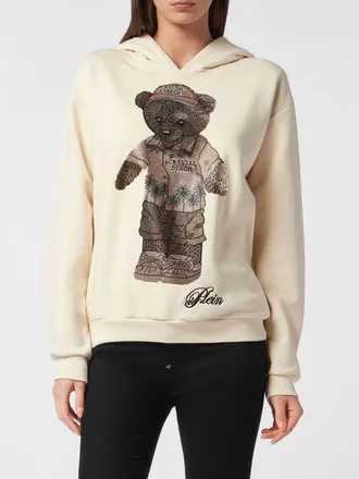 Philipp Plein Felpa con cappuccio in cotone con stampa Teddy Bear e strass