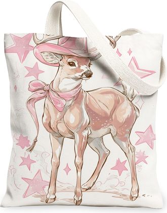 Generic Peach Deer Canvas Tote Bags, Animal Star Pattern Reusable Grocery Bags, Winter Chic Lightweight Washable Shoulder Strap for, Peach, 13x15 Inch