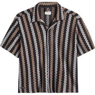 Percival Wade Openwork Stripe Camp Shirt in Black at Nordstrom, Size Xx-Large