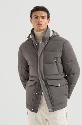 Brunello Cucinelli Stretch bonded nylon down parka with detachable hood in Lead at Nordstrom, Size Xxx-Large
