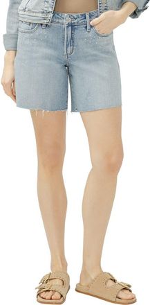 Silver Jeans Co Suki Curvy Raw Hem Studded Mid Thigh Denim Shorts in Wanderlust at Nordstrom, Size 26